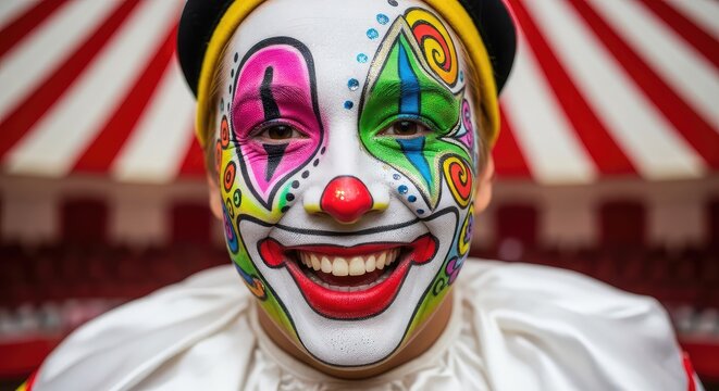 Vibrant face paint and a wide grin characterize this cheerful character wearing a ruffled collar inside a classic striped big top arena, red nose, clown, expression