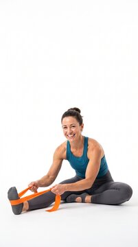 Fit Woman Stretching Hamstrings With Resistance Band Smiling Happily