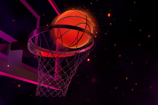 Basketball Scoring Shot Through Hoop in Neon Arena Lights