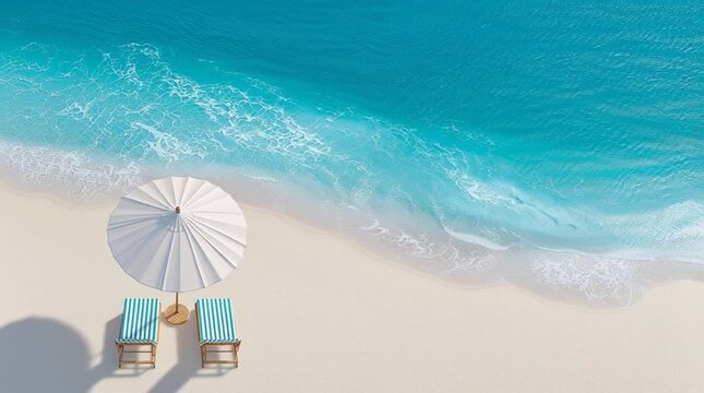 Video of two striped beach chairs and a white umbrella facing a calm turquoise sea under a clear blue sky.