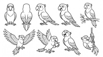 Fototapeta premium Cartoon Parrot Character Poses Set - Black and White Line Art Coloring Page Illustrations