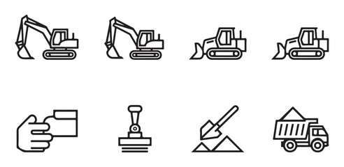 Heavy construction vehicle line icons set with digger bulldozer and dump truck equipment. © Tanvir