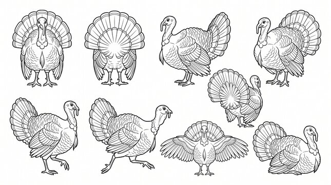 Nine Turkey Bird Outline Illustrations Set for Thanksgiving and Coloring Page