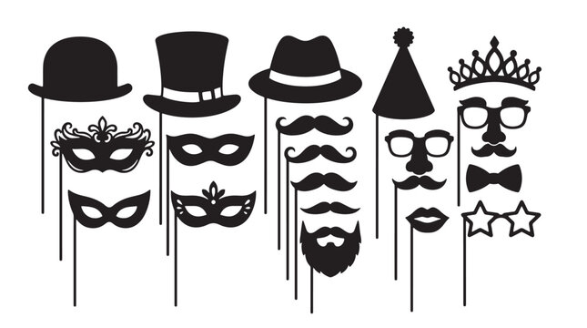 Photo Booth Props Silhouette Set with Party Hats, Masquerade Masks, Mustache, Beard, Eyeglasses, Crown, and Bow Tie on Sticks Vector Illustration for Birthday, Wedding, and Carnival Decor