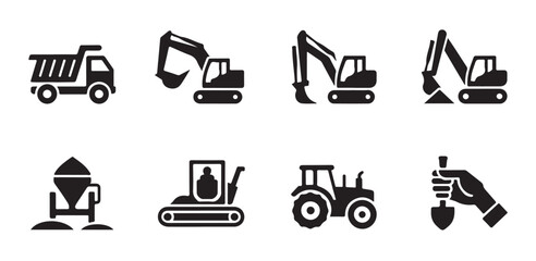 Set of construction and heavy equipment silhouettes including dump truck and excavators. © Tanvir
