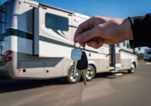 A close-up shot of silver keys handed over in front of a modern recreational vehicle parked outside on a bright day during a vehicle sale, delivery, motorhome, tourism