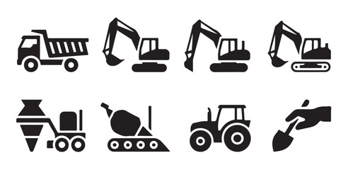 Set of construction and heavy equipment silhouettes including dump truck and excavators. © Tanvir