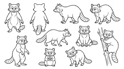 Fototapeta premium Cute Raccoon Line Art Set - Coloring Book Page Bundle featuring Various Poses of Cartoon Raccoons for Kids Activity