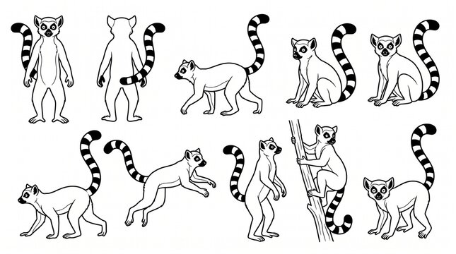 Ring-Tailed Lemur Character Poses Set, Black and White Line Art Illustration Vector