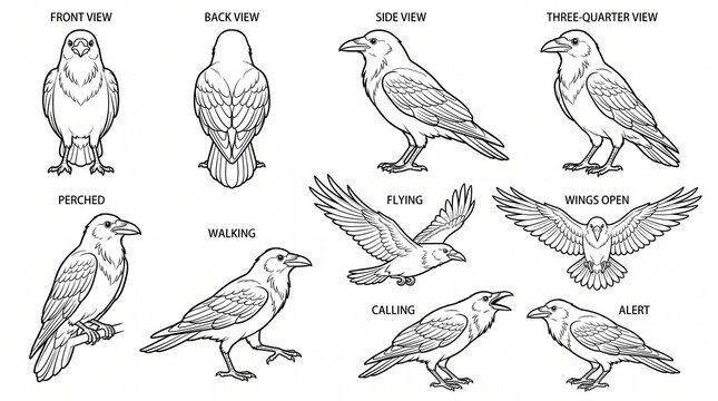 Crow and Raven Pose Reference Sheet - Character Design Bird Line Art Set for Artists and Animators