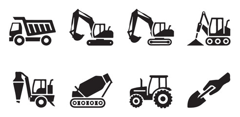 Set of construction and heavy equipment silhouettes including dump truck and excavators. © Tanvir
