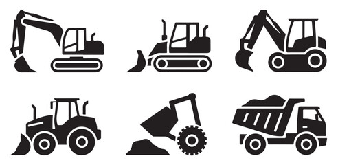Set of construction and heavy equipment silhouettes including excavators and dump truck. © Tanvir