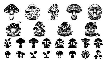 Detailed Forest Mushroom Collection with Toadstools Plants and Nature Silhouette Vector Illustration Set © Madhobe