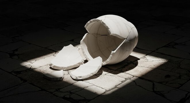 A fractured white alabaster jar rests on its side atop a weathered and cracked stone floor in a dim room with dramatic shadows and texture, old, background, moody