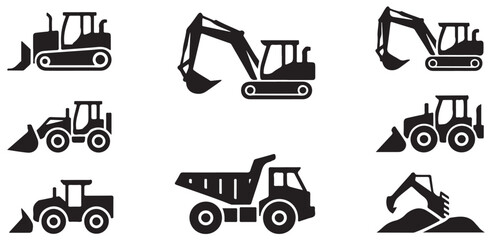 Construction vehicle icons excavator bulldozer dump truck loader tractor. © Tanvir
