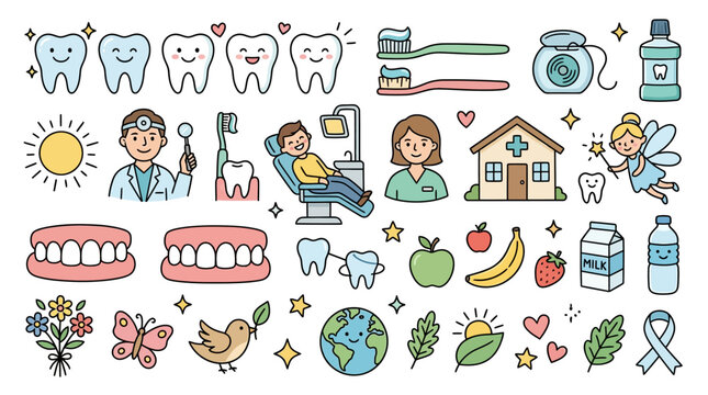 Dynamic Colorful of Dental Care Health and Nature Themed Elements with Whimsical Characters with high quality professional line art symbols for modern creative design and digital branding projects