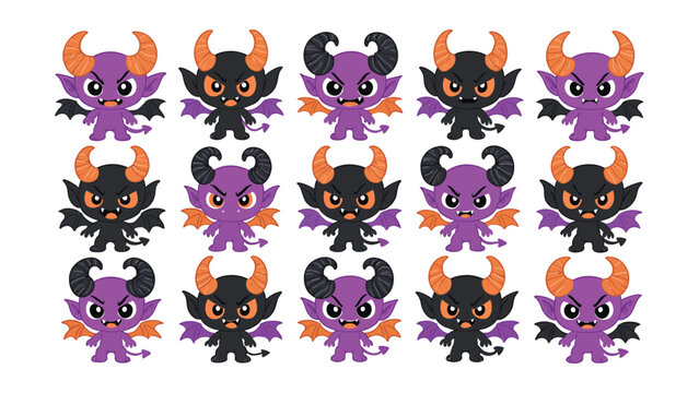 Cute cartoon devil creature characters with bat wings and horns set