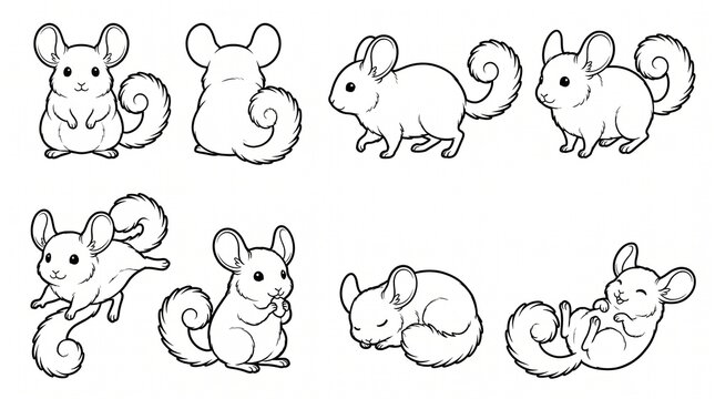 Cute Chinchilla Coloring Page Set - Hand Drawn Vector Illustrations of Adorable Rodents in Various Poses