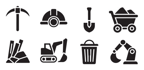 Mining equipment icons pickaxe helmet shovel cart excavator trash can. © Tanvir