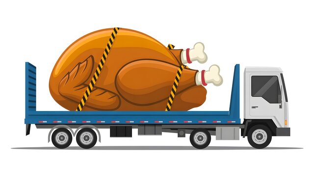 A large roasted turkey being transported on a blue flatbed delivery truck