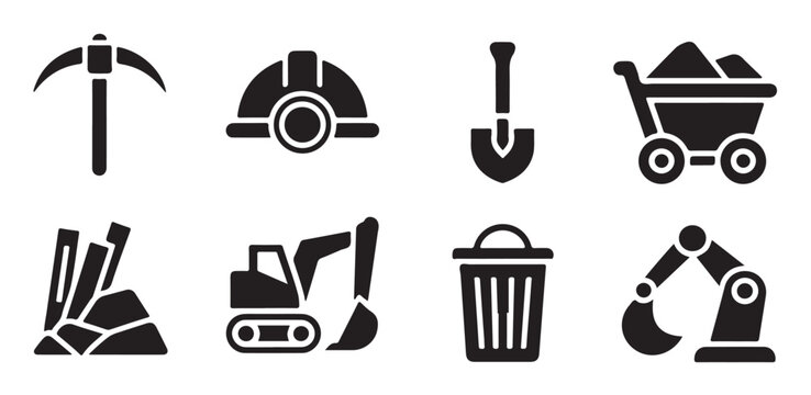 Mining equipment icons pickaxe helmet shovel cart excavator trash can.