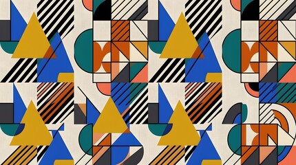 Obraz premium Bold modern Bauhaus-inspired geometric textile with layered squares, stripes, circles, triangles, grids, and striking navy, teal, mustard, orange, rust, cream, black, white, and muted coral abstract a