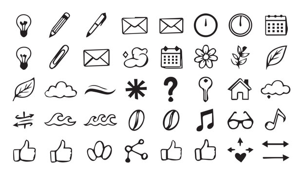 Hand-drawn office and school icons set. Black and white vector symbols for productivity, time, and communication. Essential flat design elements 