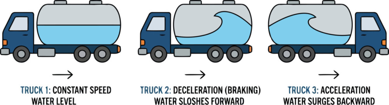 Water tanker sloshing dynamics diagram, physics education, vehicle safety training, informative learning visualization