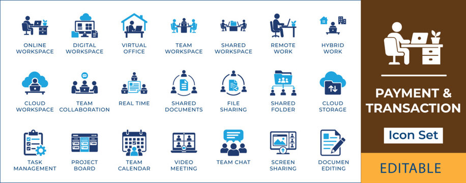 Office work process  icon set. Featuring remote working, team collaboration, cloud file sharing, and project management. Vector icons for hr presentation and workflow software