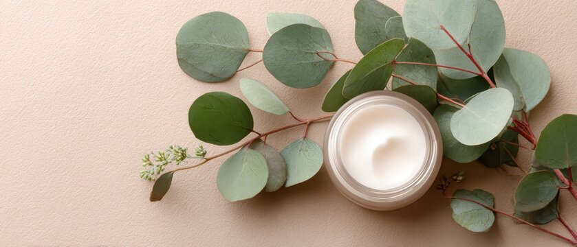 Organic moisturizing face cream in open jar with eucalyptus branches skincare eucalyptus moisturizer cosmetic wellness botanical treatment dermatology essential nurturing moisturizing