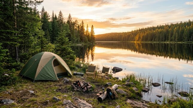 A green tent sits beside a calm lake at sunset. A camping chair is placed nearby, and a small pile of firewood rests on the ground.