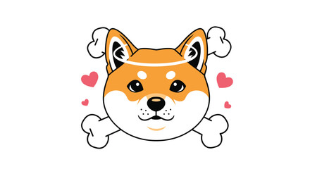 Fototapeta premium Cute cartoon shiba inu dog head depicted as an angel with a halo and bone wings surrounded by small pink hearts.