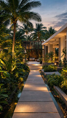 Fototapeta premium A serene stone pathway leads through a tropical luxury resort garden at dusk illuminated by soft warm ambient lighting with tropical lighting landscape architecture vacation destination