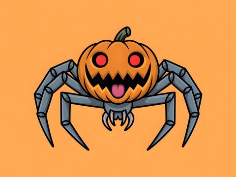 Cute cartoon spider with a scary pumpkin head for halloween celebration