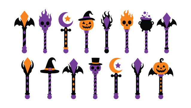 Halloween Themed Magic Wand Sticks with Various Spooky Designs on Transparent Background