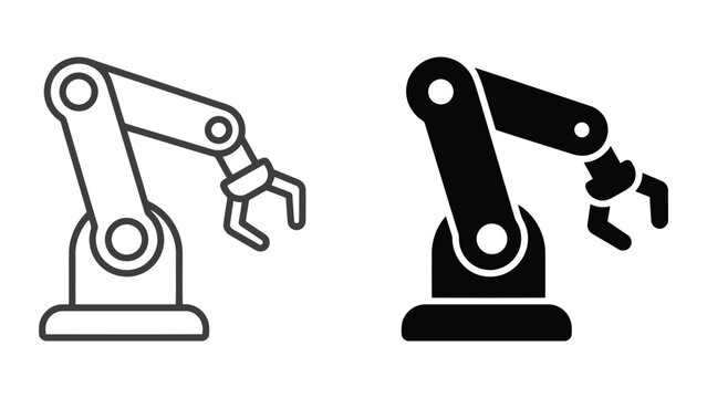 Industrial robotic arm icon set in solid and outline styles with industrial