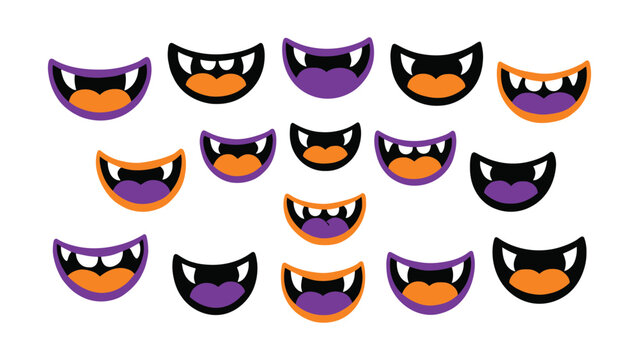 Set of cartoon monster mouths with sharp teeth and purple tongues transparent background