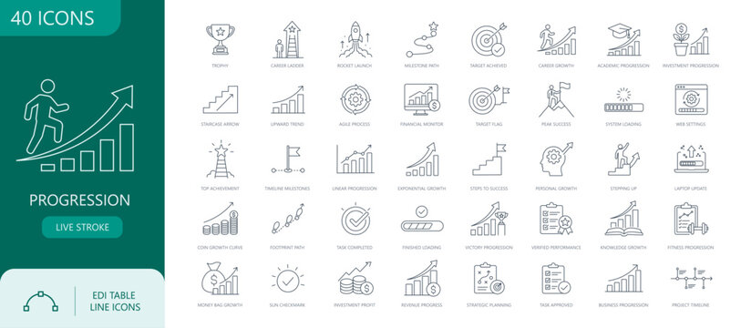 Title: Progression and Business Growth Thin Line Icons Set. Editable stroke. Vector illustration