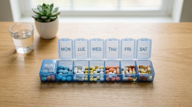 A blue plastic pill organizer sits on a wooden table next to a glass of water and a succulent plant.