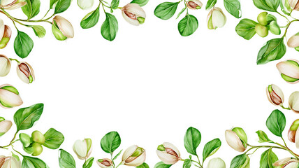 Obraz premium Watercolor botanical border made of pistachio branches, fresh green leaves, pistachio nuts in shells and cracked pistachios framing all edges with copy space, with an open, airy border
