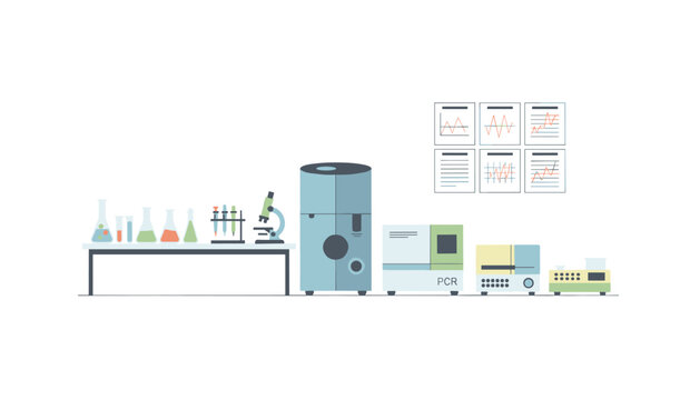 Laboratory setting with various scientific glass equipment, a pcr machine, and analytical charts displayed on the wall.
