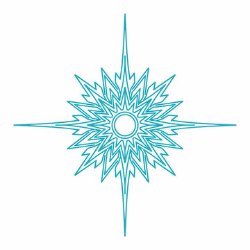 Teal starburst design element with sharp points and circular center