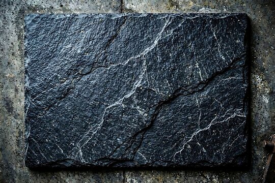 Empty black slate board on dark stone background with copy space