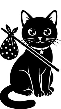 Cute black cat sitting with a bindle stick illustration