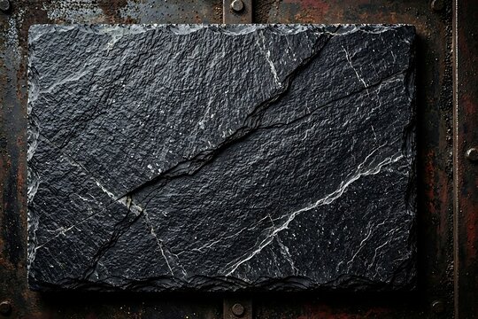 Black slate plate on dark rustic industrial metal background with rivets