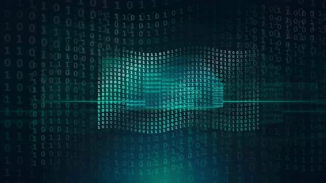 Abstract Digital Binary Code Background with Glowing Cyan Data Wave and Matrix Particle Effects