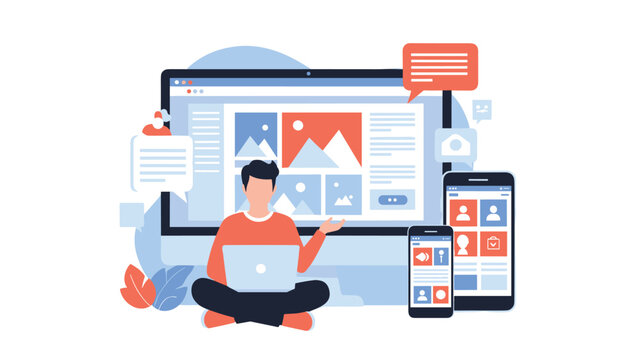 Freelancer sitting with a laptop in front of a giant screen displaying images alongside mobile devices for digital content management.