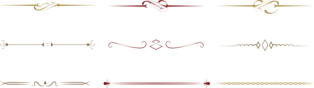 Set of elegant calligraphic vector dividers for page decoration featuring decorative flourish ornaments and ornate flourishes designed for professional print typography layouts embellishments.
