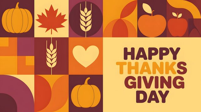 Happy thanksgiving day greeting card design with autumn seasonal icons and geometric pattern