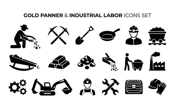 Industrial labor and gold panning icons set in black silhouette